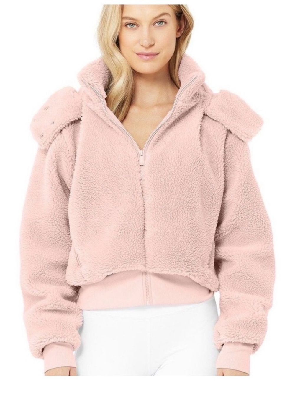 ALO Yoga Foxy Sherpa Jacker Pink Cropped Teddy Zip Jacket